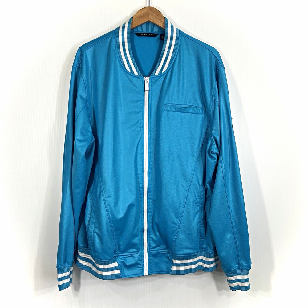 Sean John Bomber Jacket Mens 3XL Blue/White Full Zip Striped Rib Trim Logo *FLAW